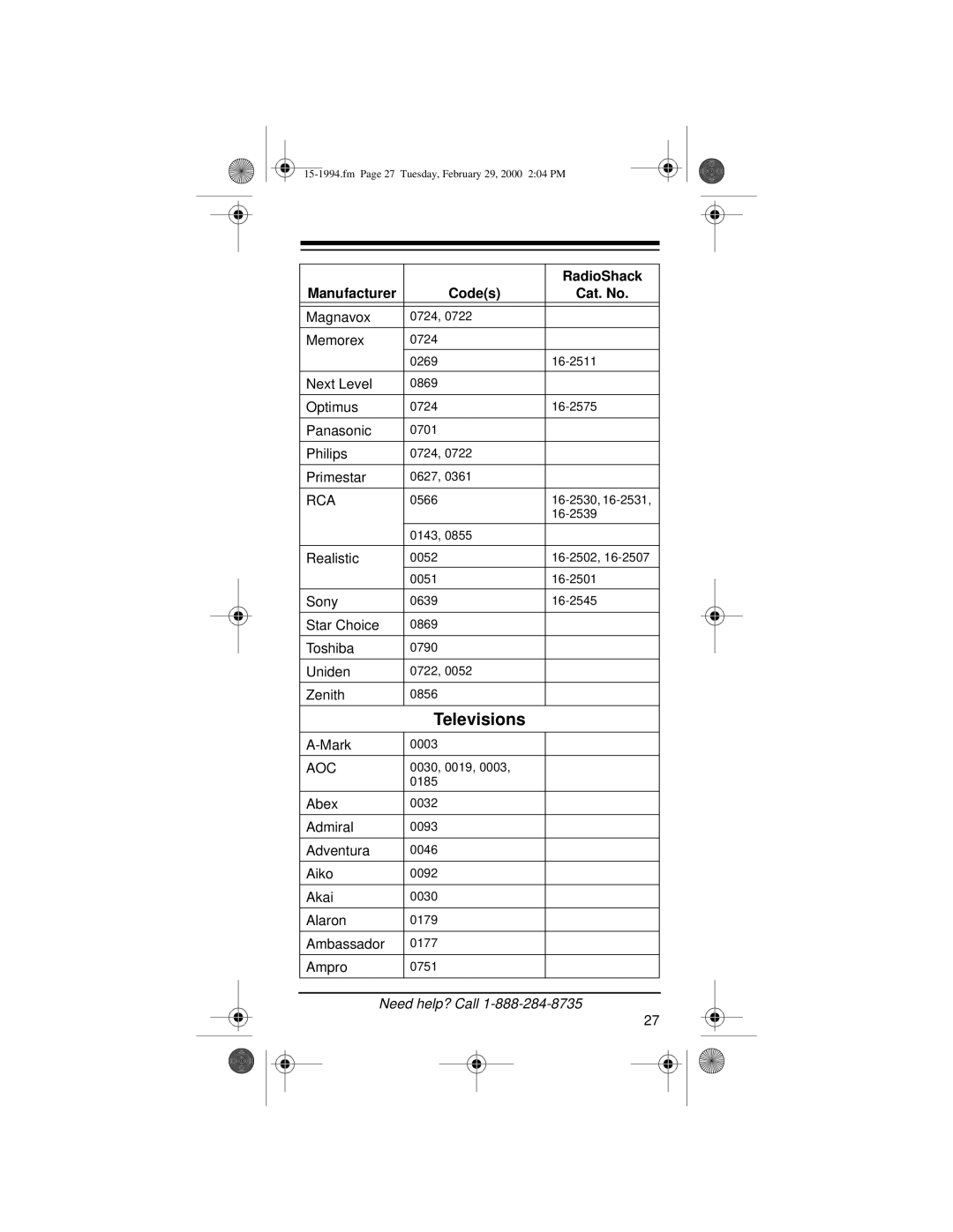 Radio Shack Audio/ Video Remote Control owner manual Televisions, Aoc 