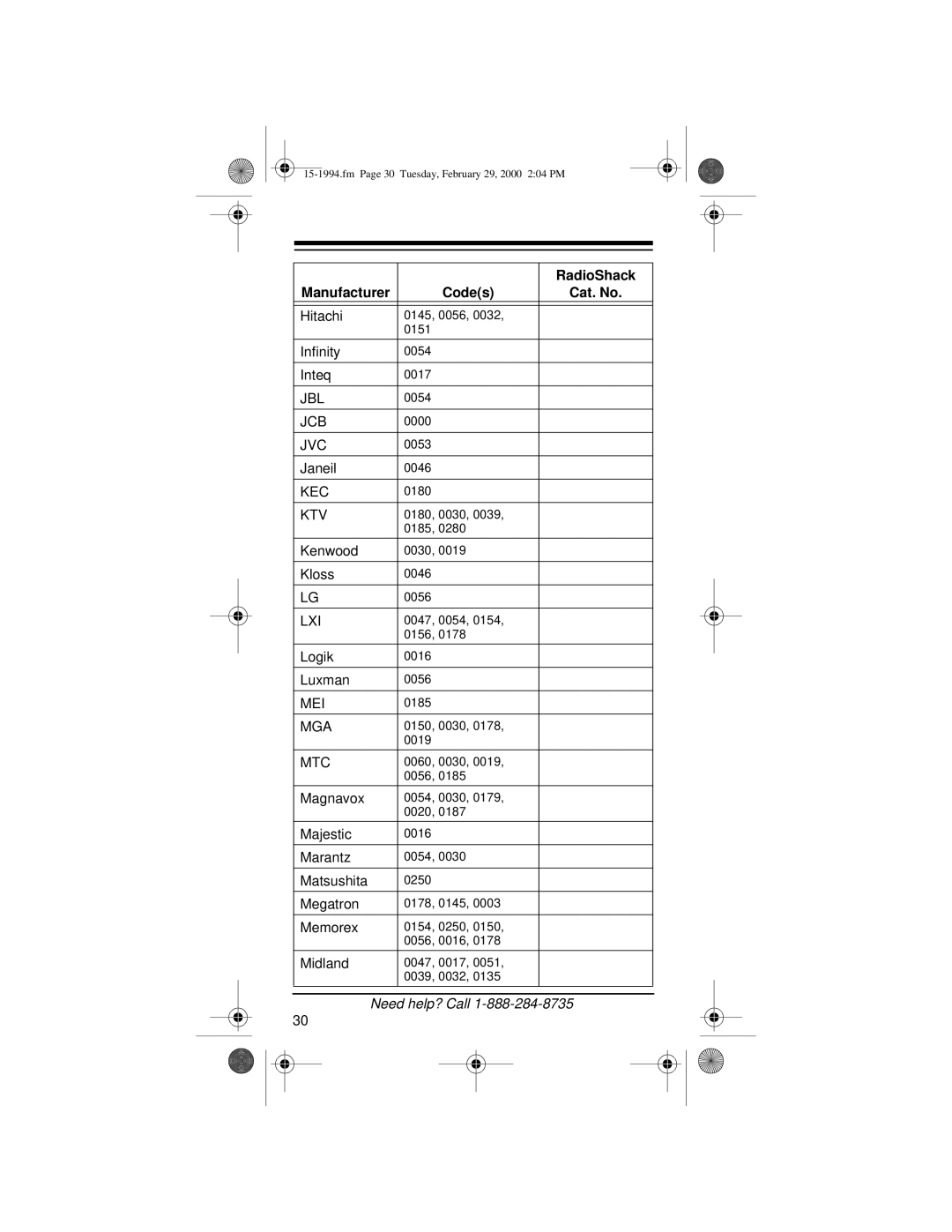 Radio Shack Audio/ Video Remote Control owner manual Jbl, Jcb, Kec, Ktv, Mei, Mga 