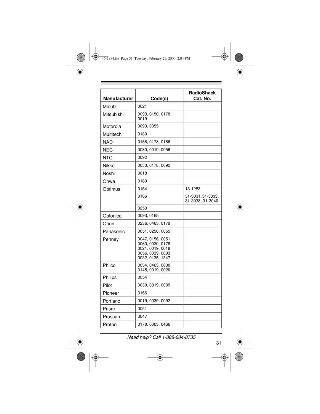 Radio Shack Audio/ Video Remote Control owner manual Nec, Ntc 