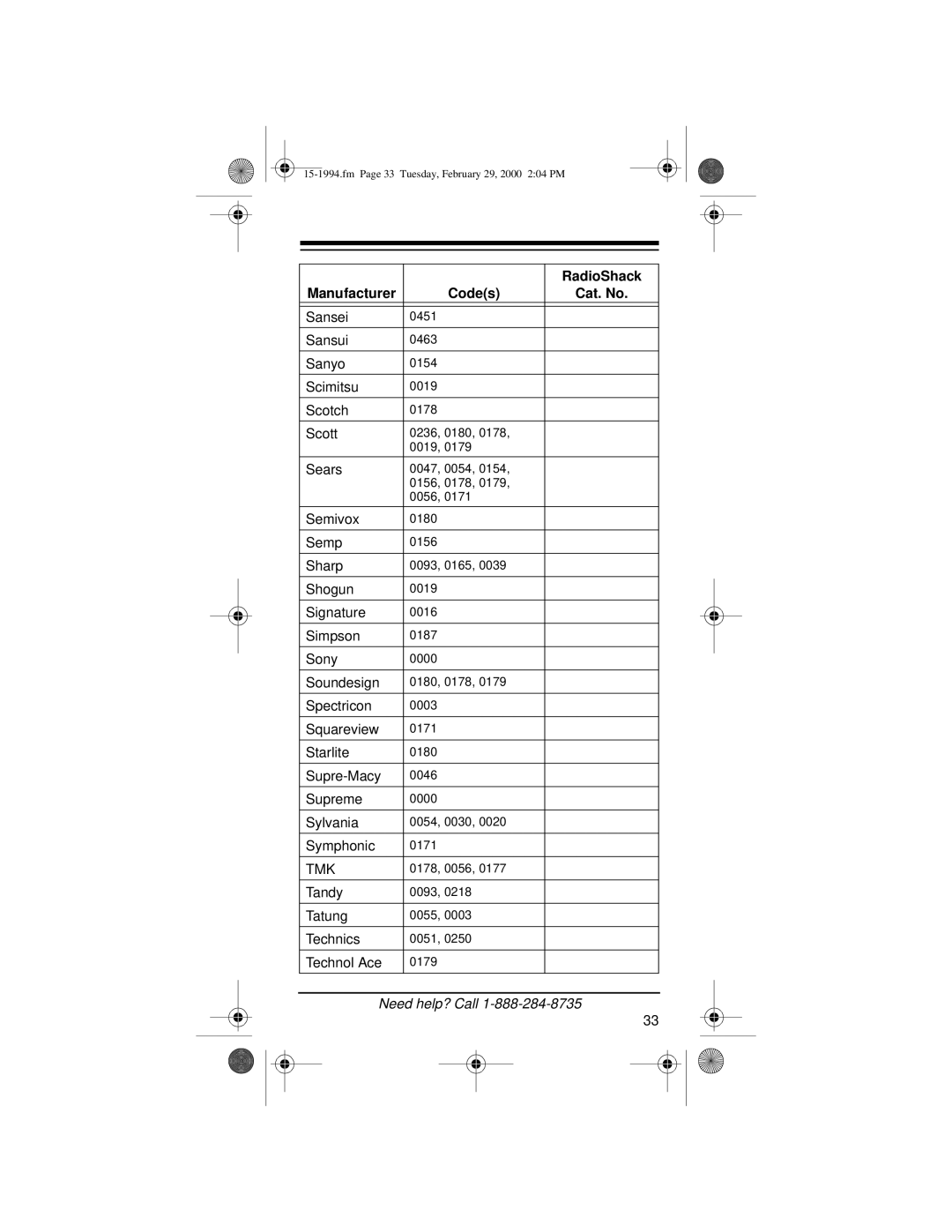 Radio Shack Audio/ Video Remote Control owner manual Tmk 