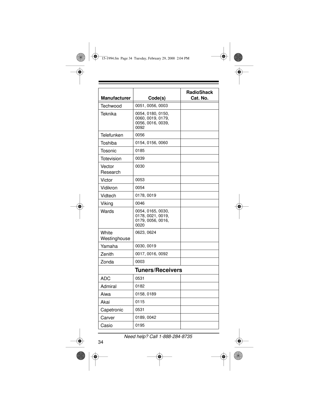 Radio Shack Audio/ Video Remote Control owner manual Tuners/Receivers, Adc 