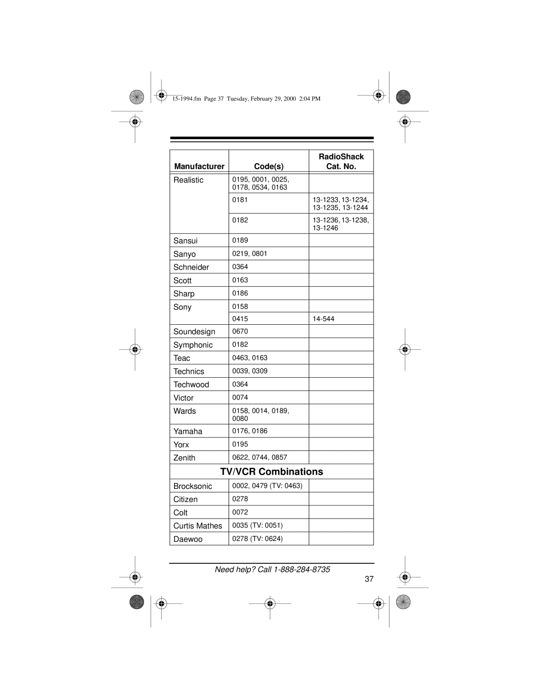 Radio Shack Audio/ Video Remote Control owner manual TV/VCR Combinations 