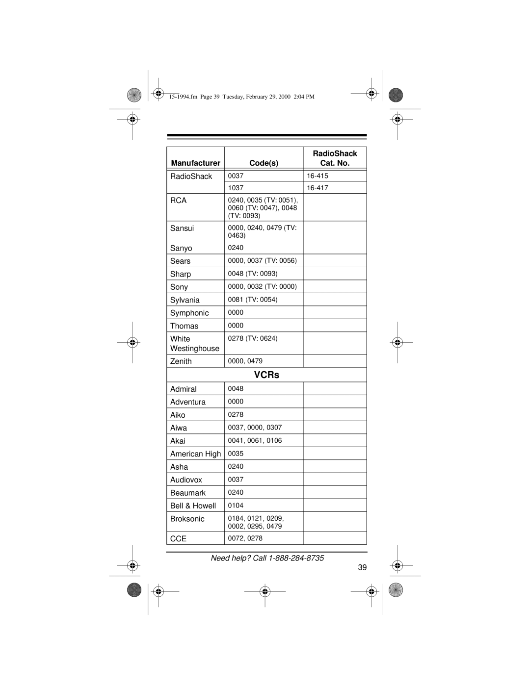 Radio Shack Audio/ Video Remote Control owner manual VCRs, Cce 