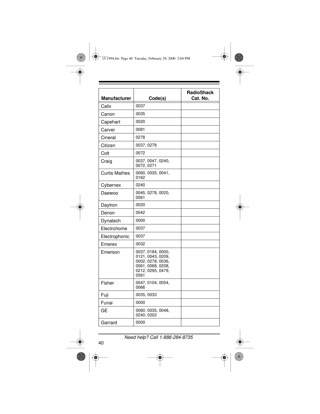 Radio Shack Audio/ Video Remote Control owner manual Calix 