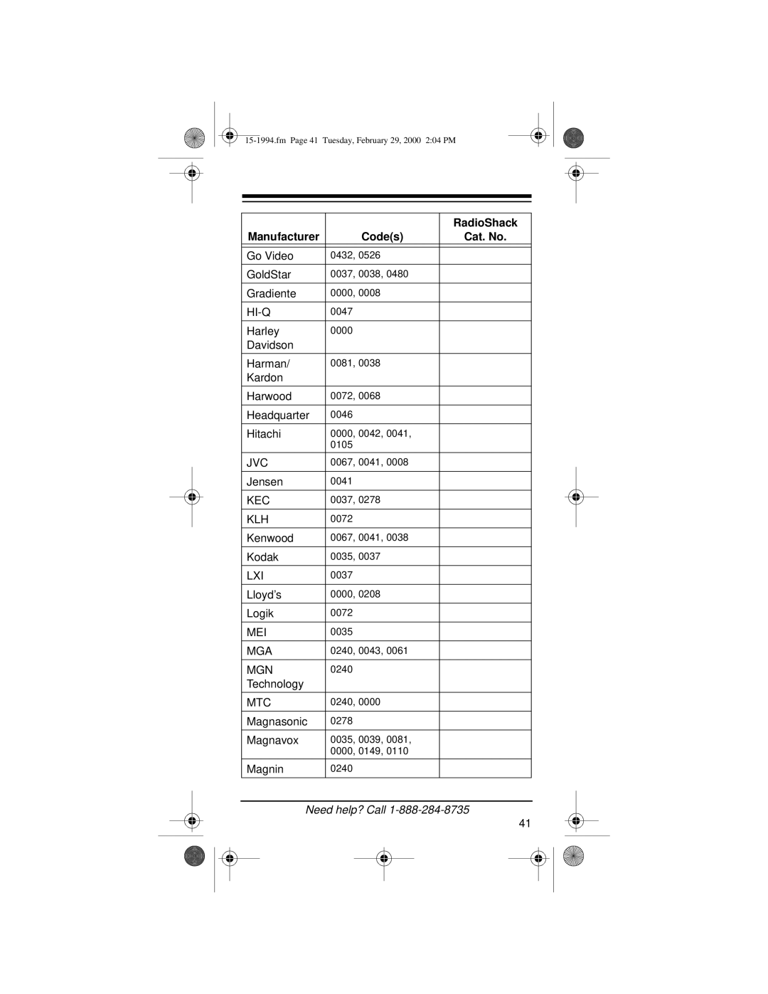 Radio Shack Audio/ Video Remote Control owner manual Hi-Q, Klh, Mgn 