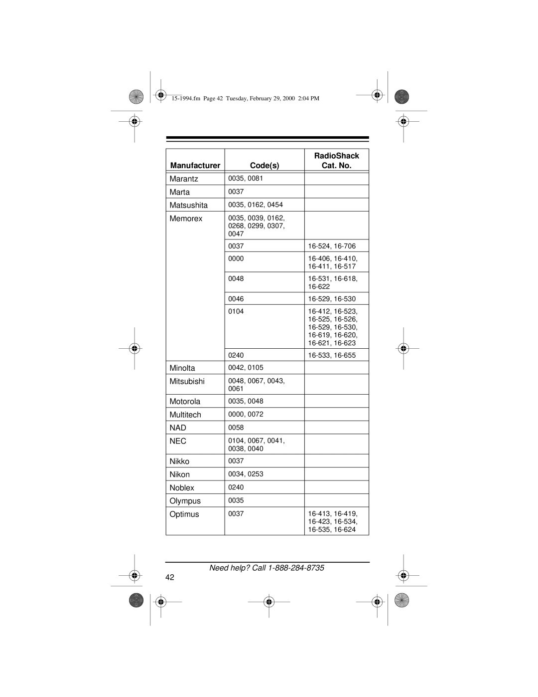 Radio Shack Audio/ Video Remote Control owner manual Marta 