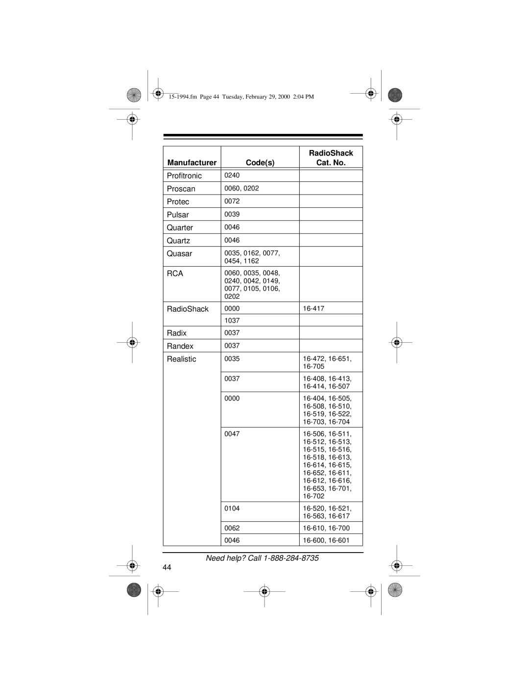 Radio Shack Audio/ Video Remote Control owner manual Profitronic 