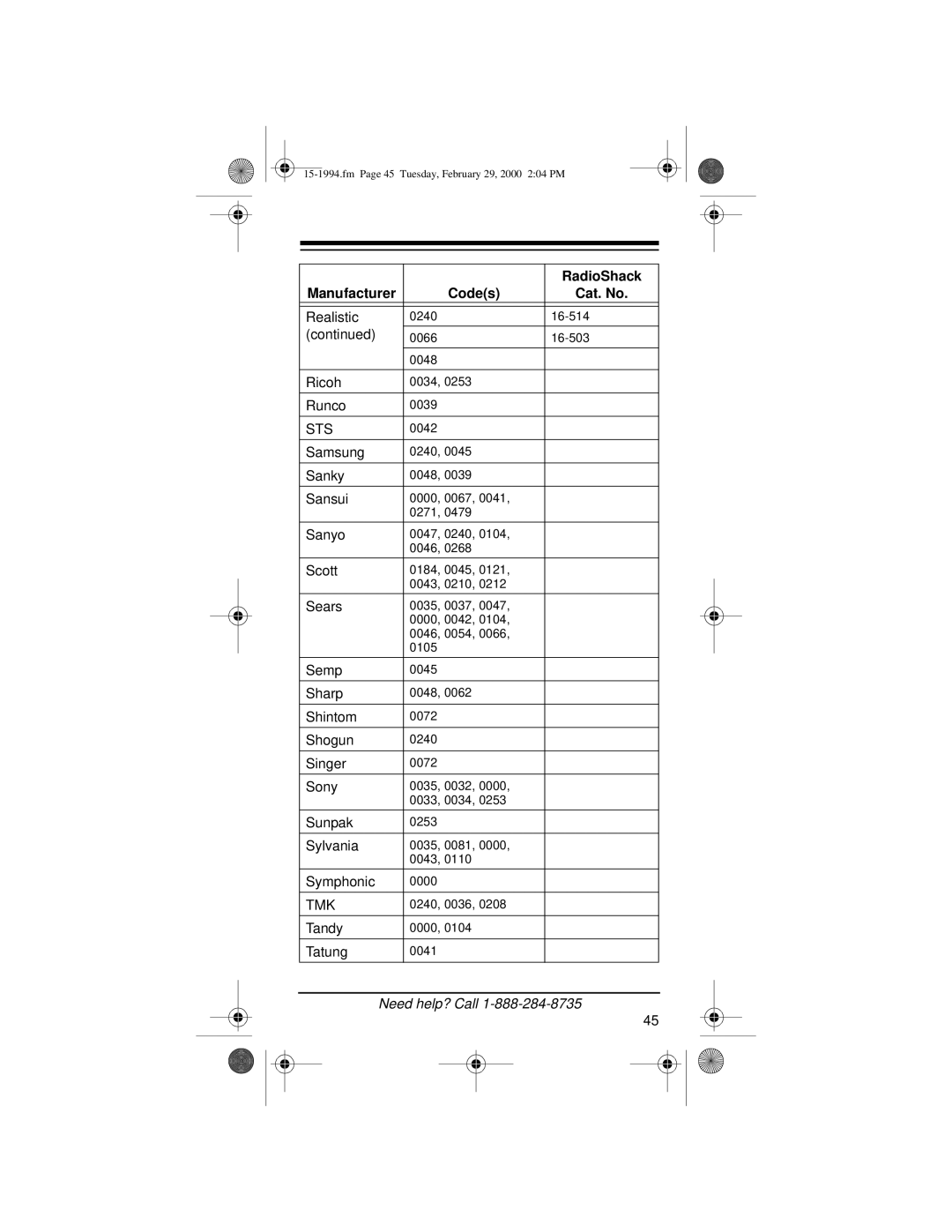 Radio Shack Audio/ Video Remote Control owner manual Ricoh 