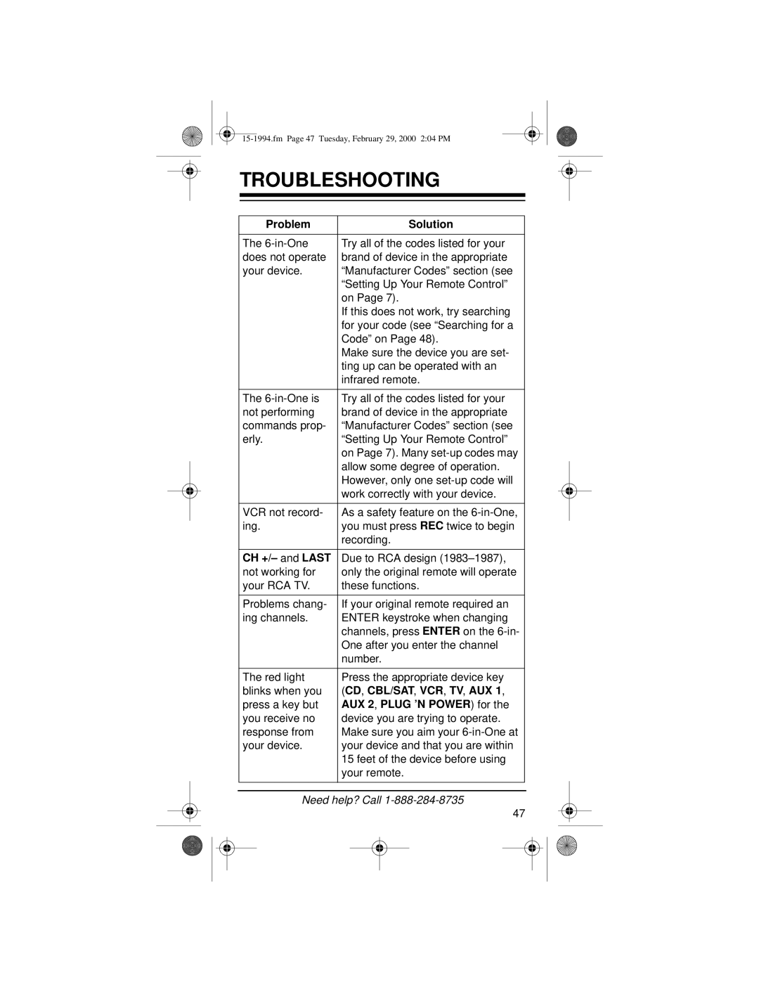 Radio Shack Audio/ Video Remote Control owner manual Troubleshooting, Problem Solution 