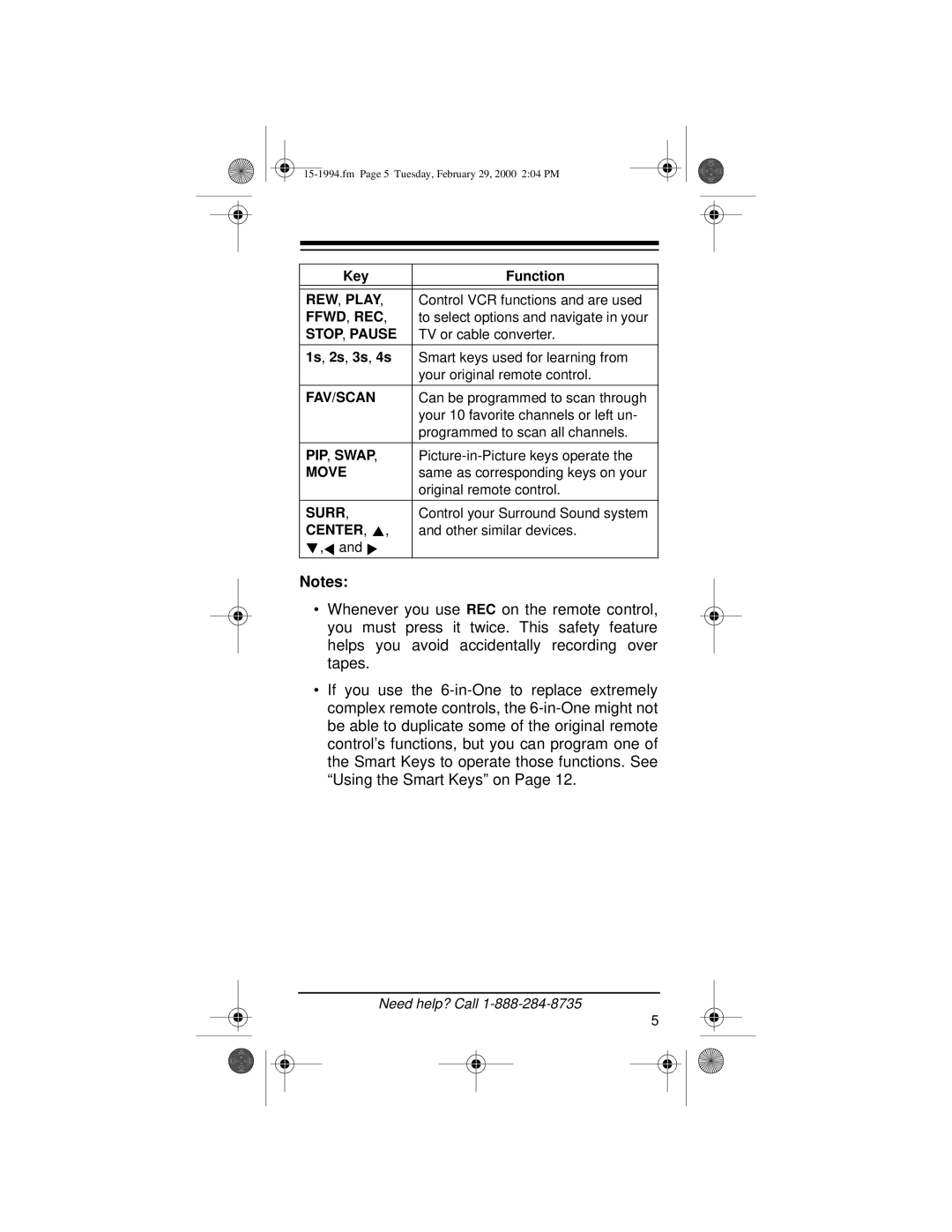 Radio Shack Audio/ Video Remote Control owner manual REW , Play 