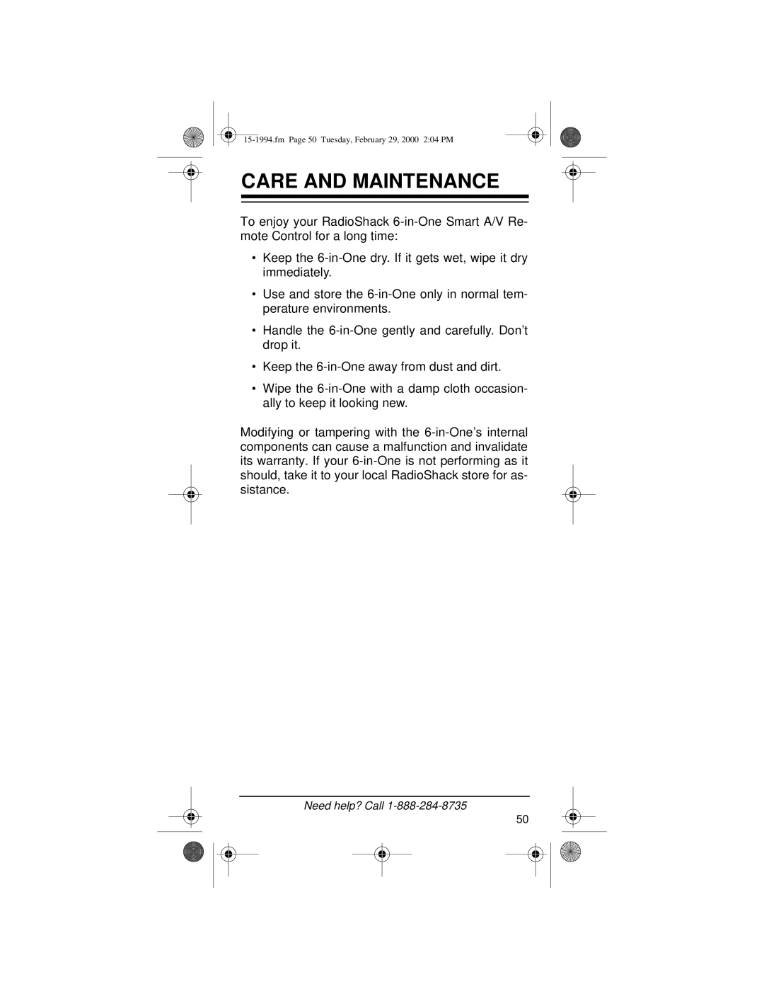 Radio Shack Audio/ Video Remote Control owner manual Care and Maintenance 