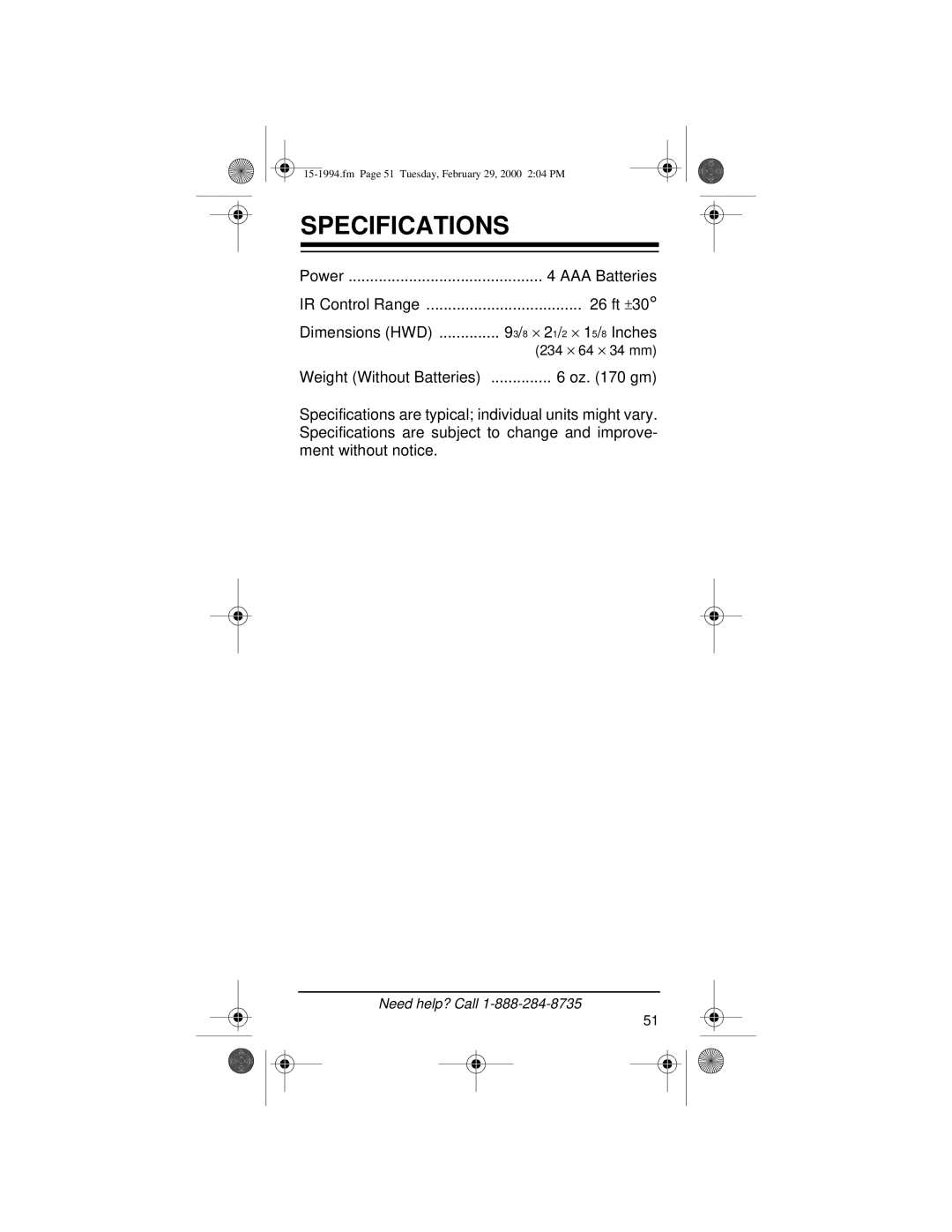 Radio Shack Audio/ Video Remote Control owner manual Specifications 