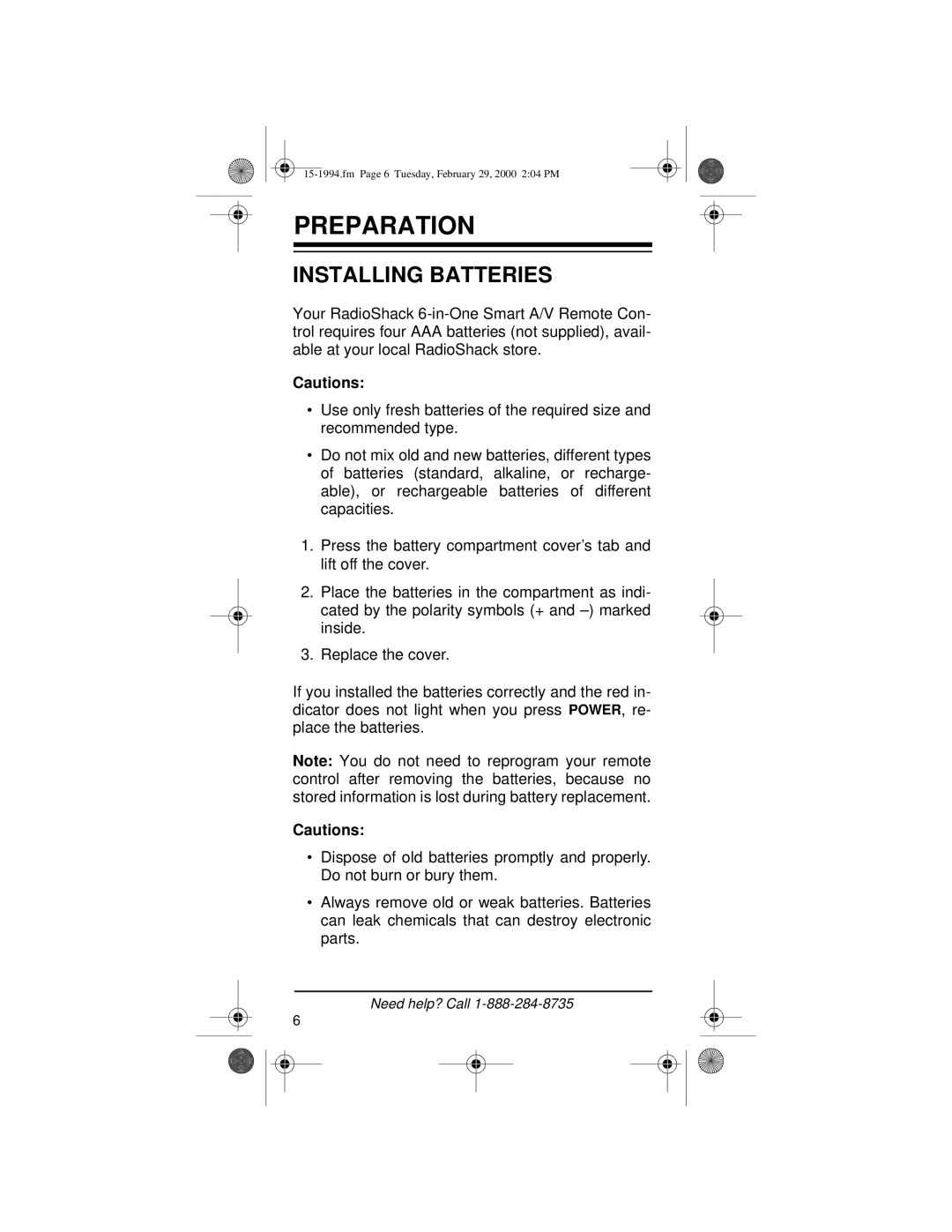 Radio Shack Audio/ Video Remote Control owner manual Preparation, Installing Batteries 