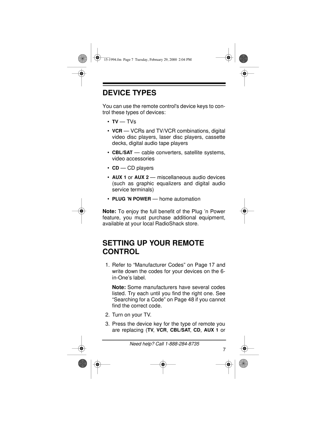 Radio Shack Audio/ Video Remote Control owner manual Device Types, Setting UP Your Remote Control 