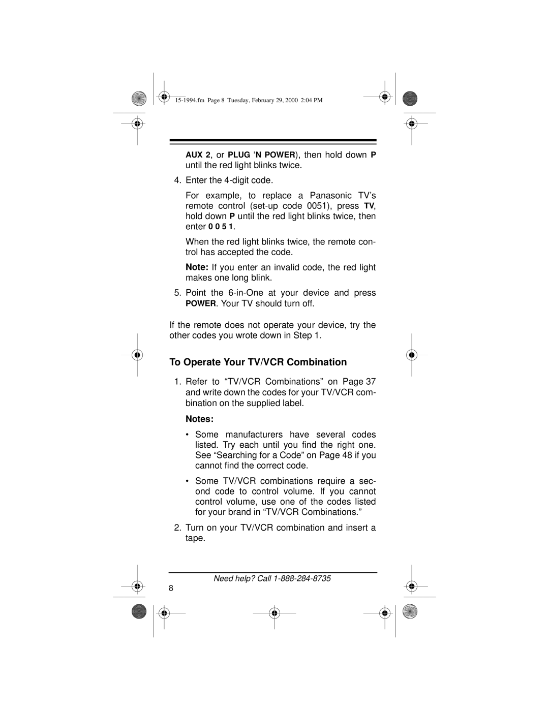 Radio Shack Audio/ Video Remote Control owner manual To Operate Your TV/VCR Combination 