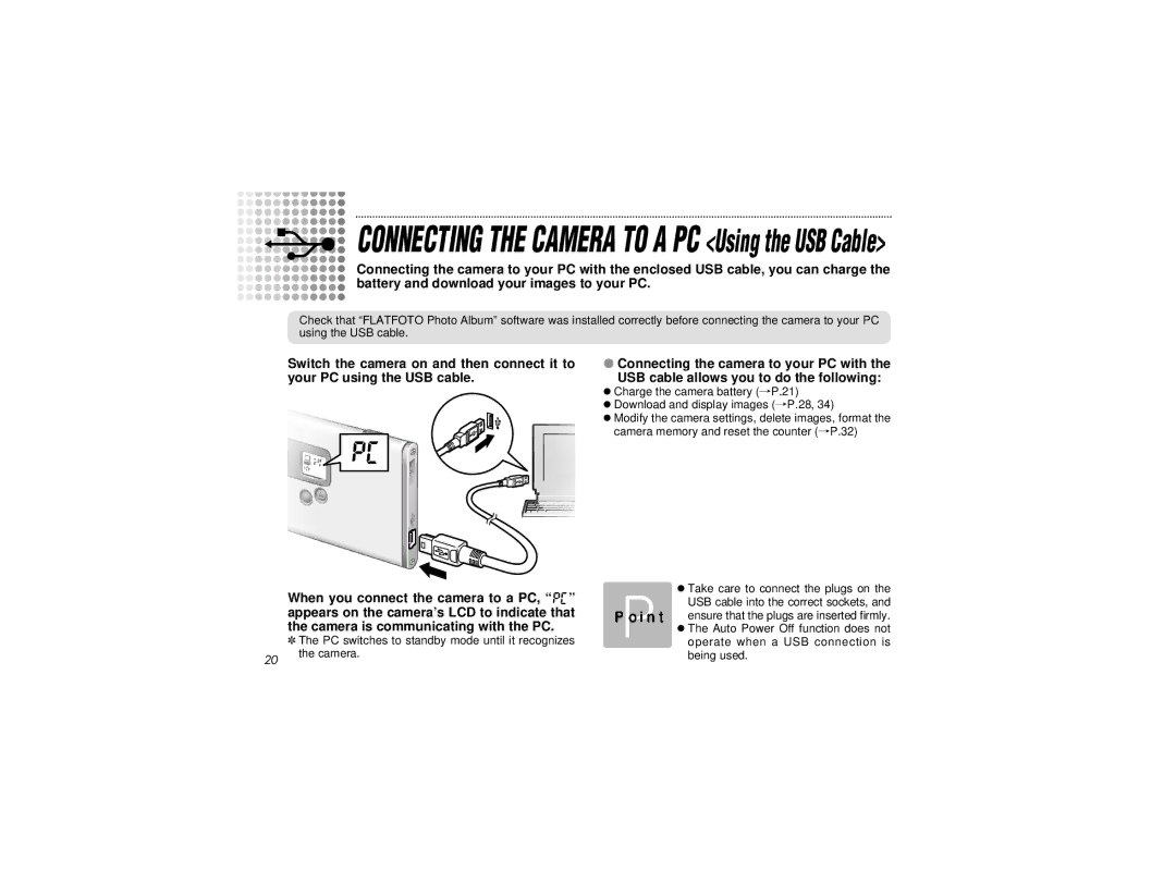 Radio Shack B-020405 owner manual Connecting the Camera to a PC Using the USB Cable 