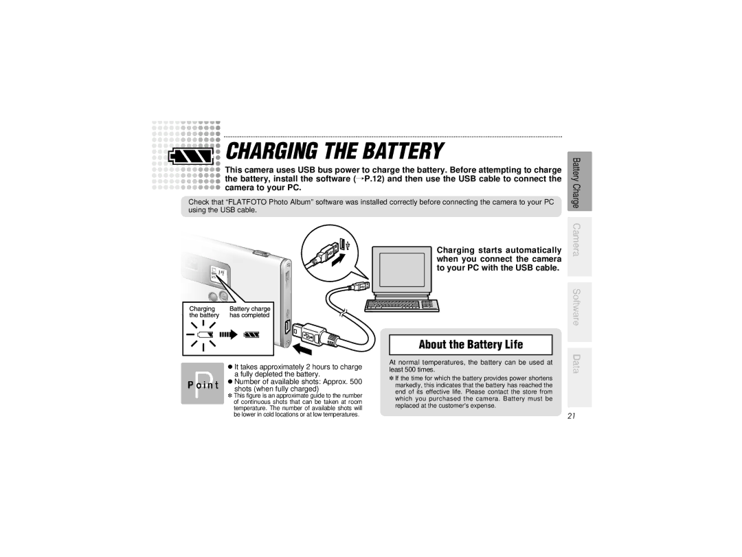 Radio Shack B-020405 owner manual Charging the Battery, Charging starts automatically, When you connect the camera 