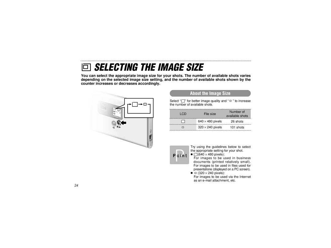 Radio Shack B-020405 owner manual Selecting the Image Size 