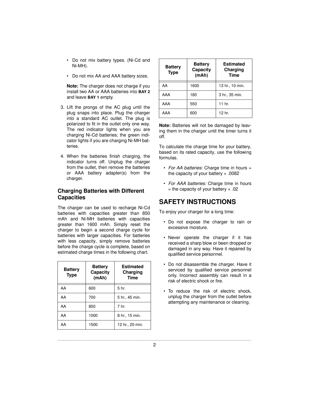 Radio Shack Battery Charger owner manual Safety Instructions, Charging Batteries with Different Capacities 