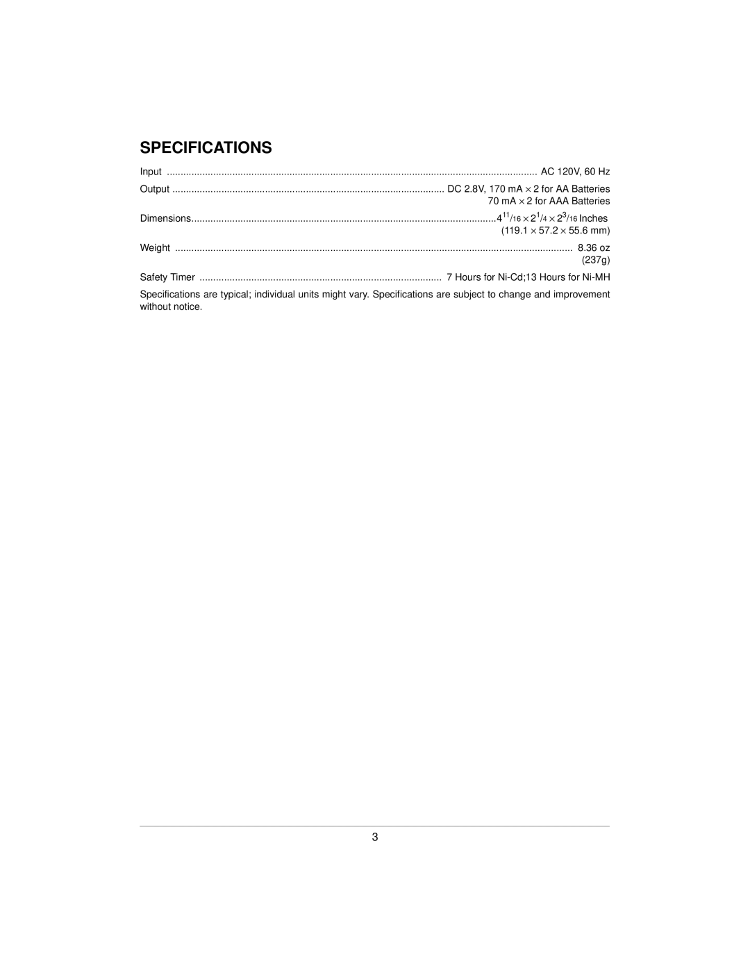 Radio Shack Battery Charger owner manual Specifications 