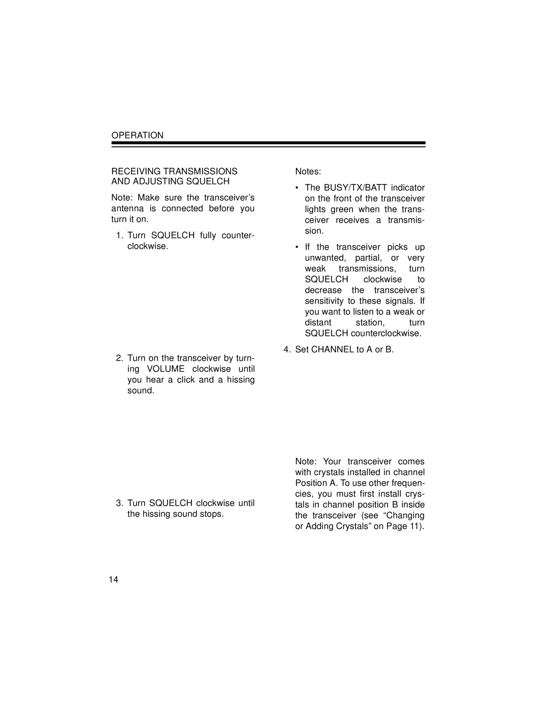 Radio Shack BTX-123 owner manual Operation Receiving Transmissions and Adjusting Squelch 