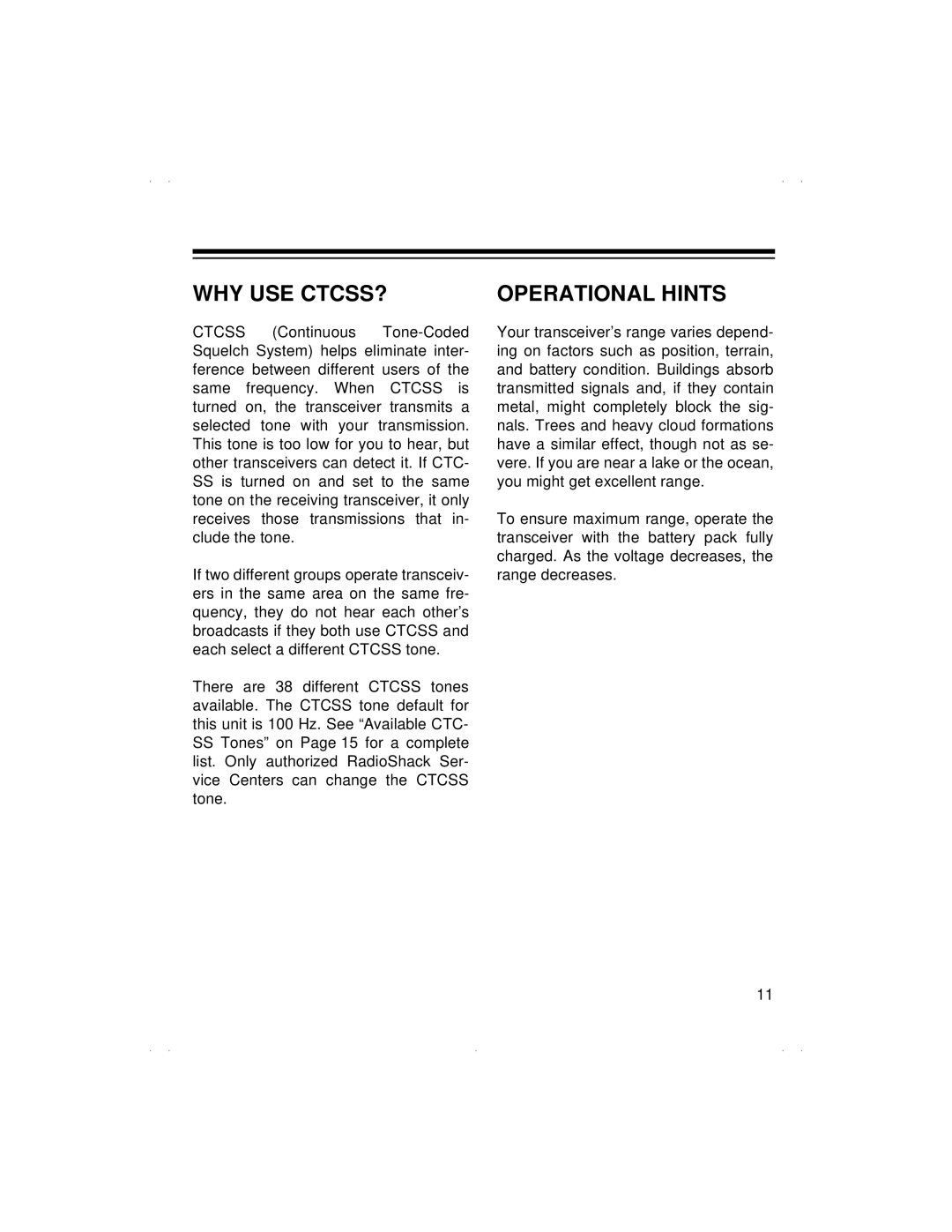 Radio Shack BTX-124 owner manual Why Use Ctcss?, Operational Hints 