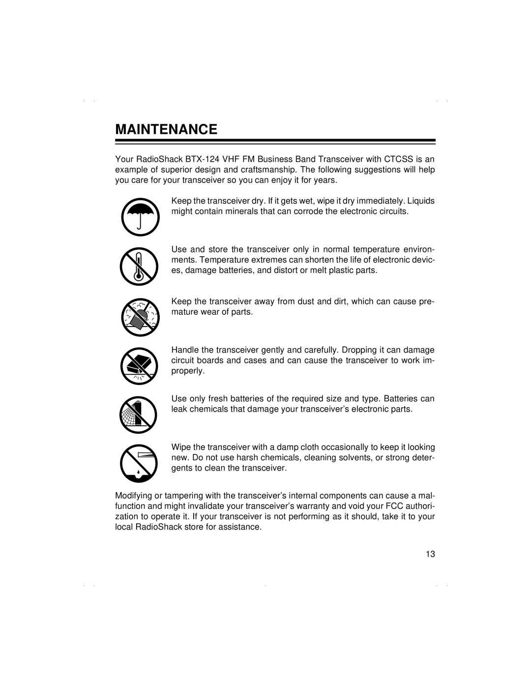 Radio Shack BTX-124 owner manual Maintenance 