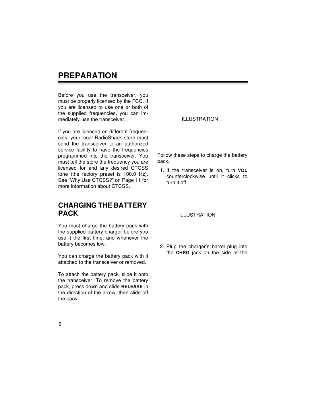 Radio Shack BTX-124 owner manual Preparation, Charging the Battery Pack 