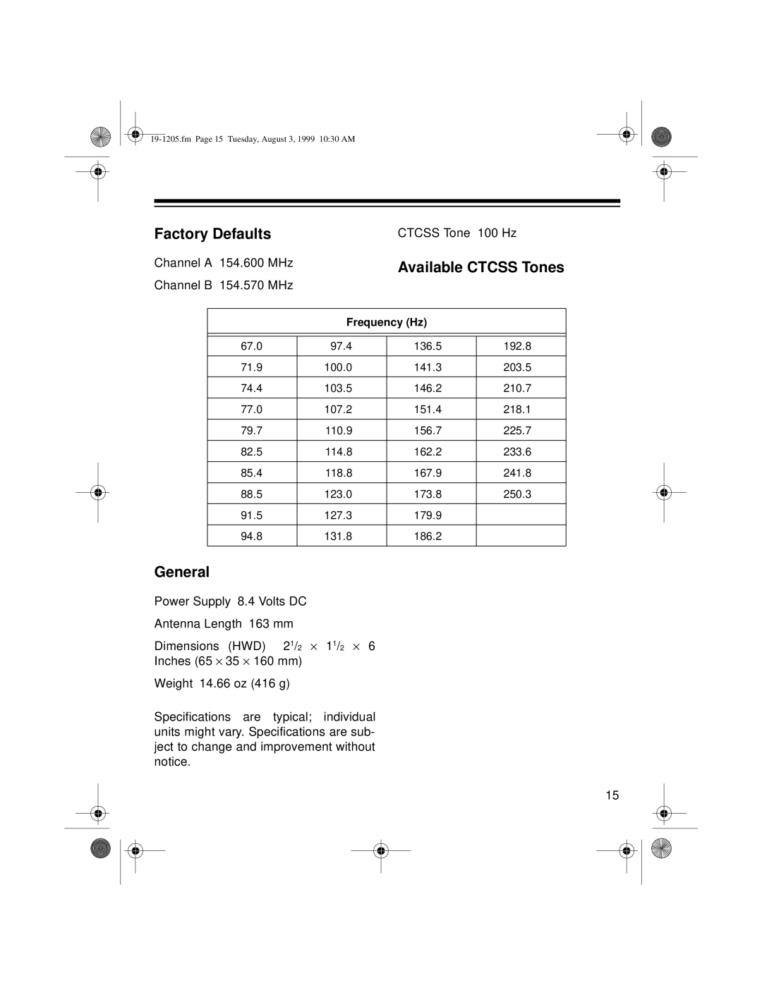 Radio Shack BTX-124 owner manual Factory Defaults 