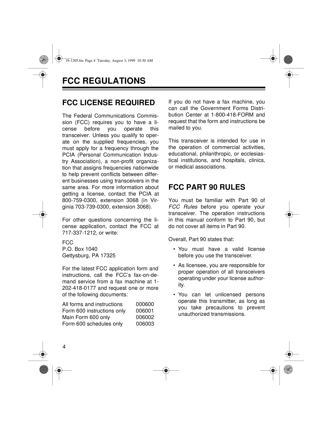 Radio Shack BTX-124 owner manual FCC Regulations, FCC License Required, FCC Part 90 Rules 