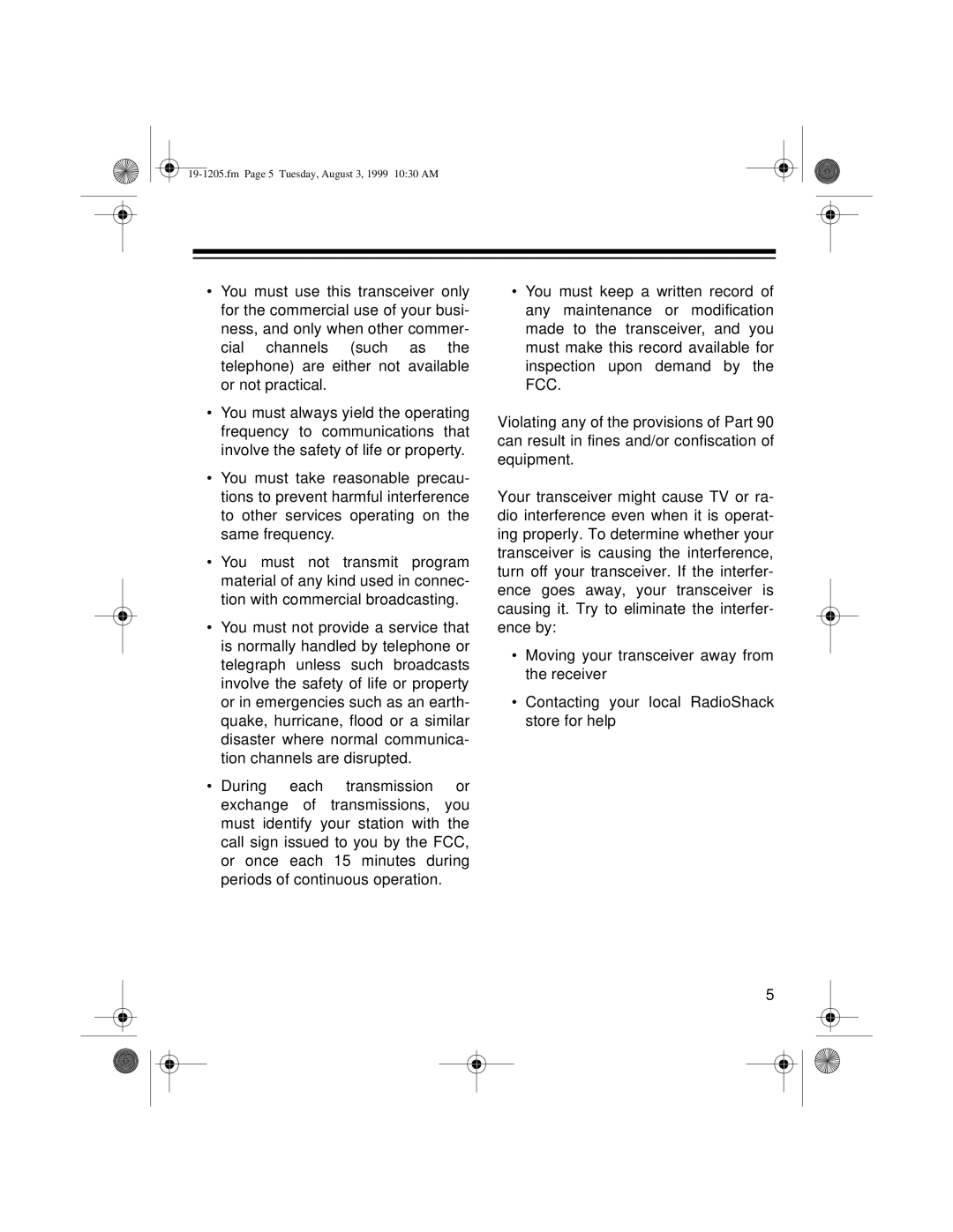 Radio Shack BTX-124 owner manual Fm Page 5 Tuesday, August 3, 1999 1030 AM 