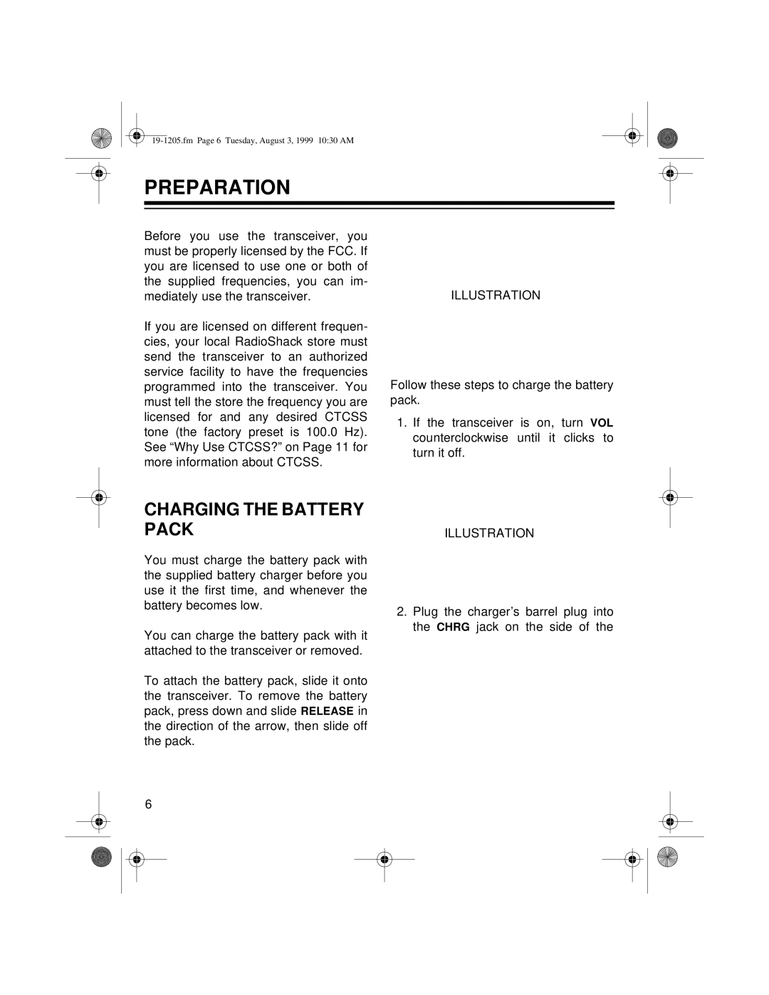 Radio Shack BTX-124 owner manual Preparation, Charging the Battery Pack 