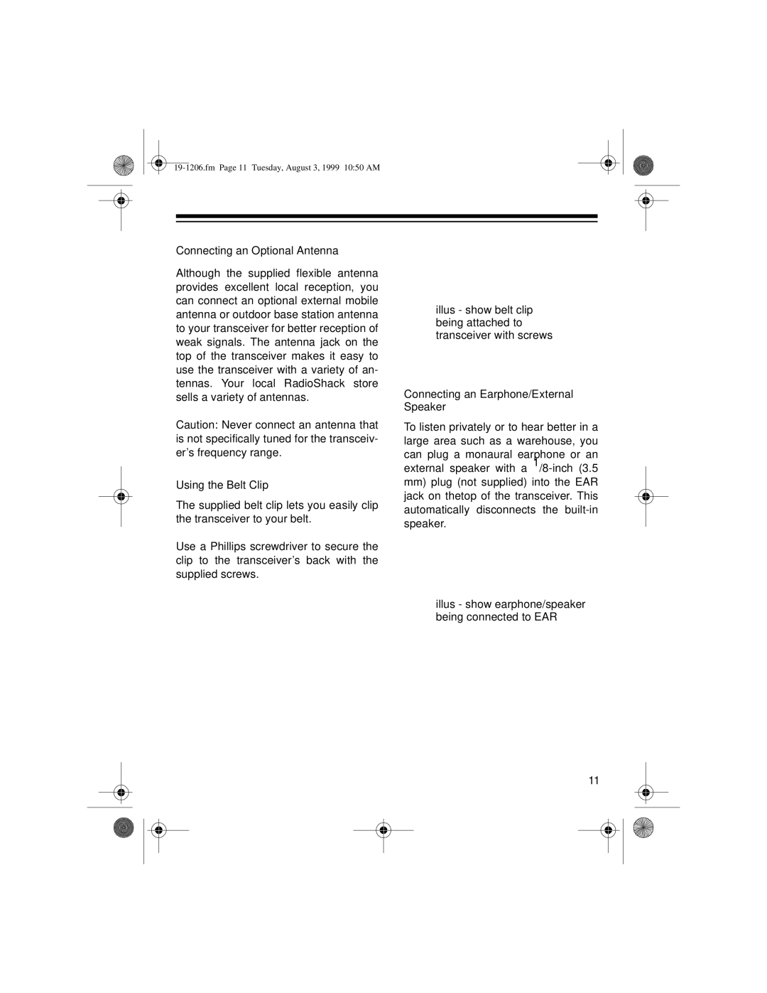 Radio Shack BTX-127 owner manual Illus show earphone/speaker being connected to EAR 