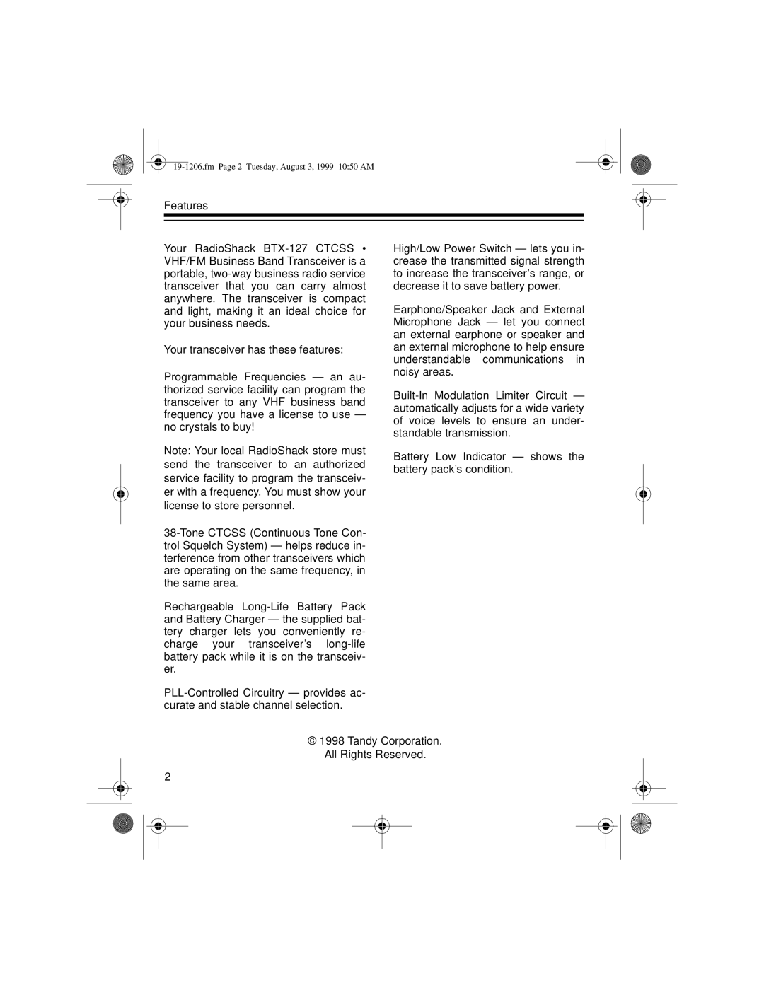 Radio Shack owner manual Features Your RadioShack BTX-127 Ctcss 