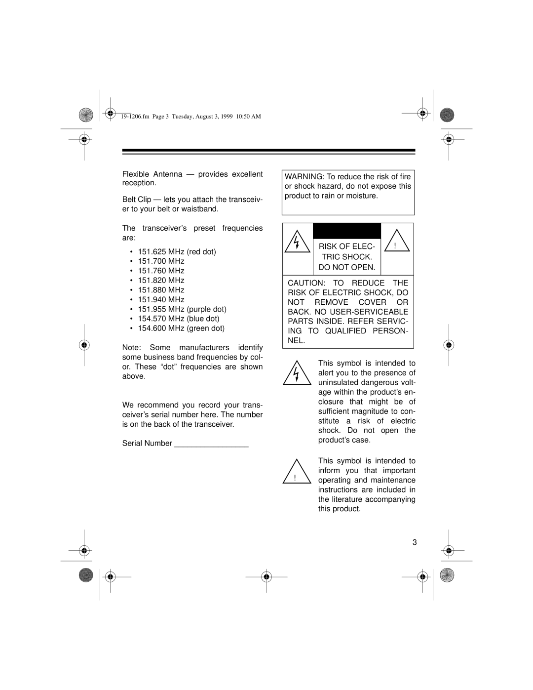 Radio Shack BTX-127 owner manual Risk of Elec, Tric Shock Do not Open 