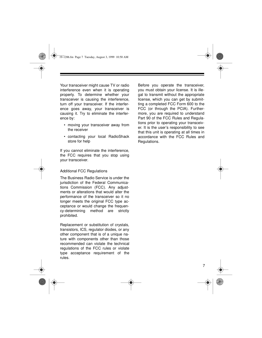 Radio Shack BTX-127 owner manual Fm Page 7 Tuesday, August 3, 1999 1050 AM 