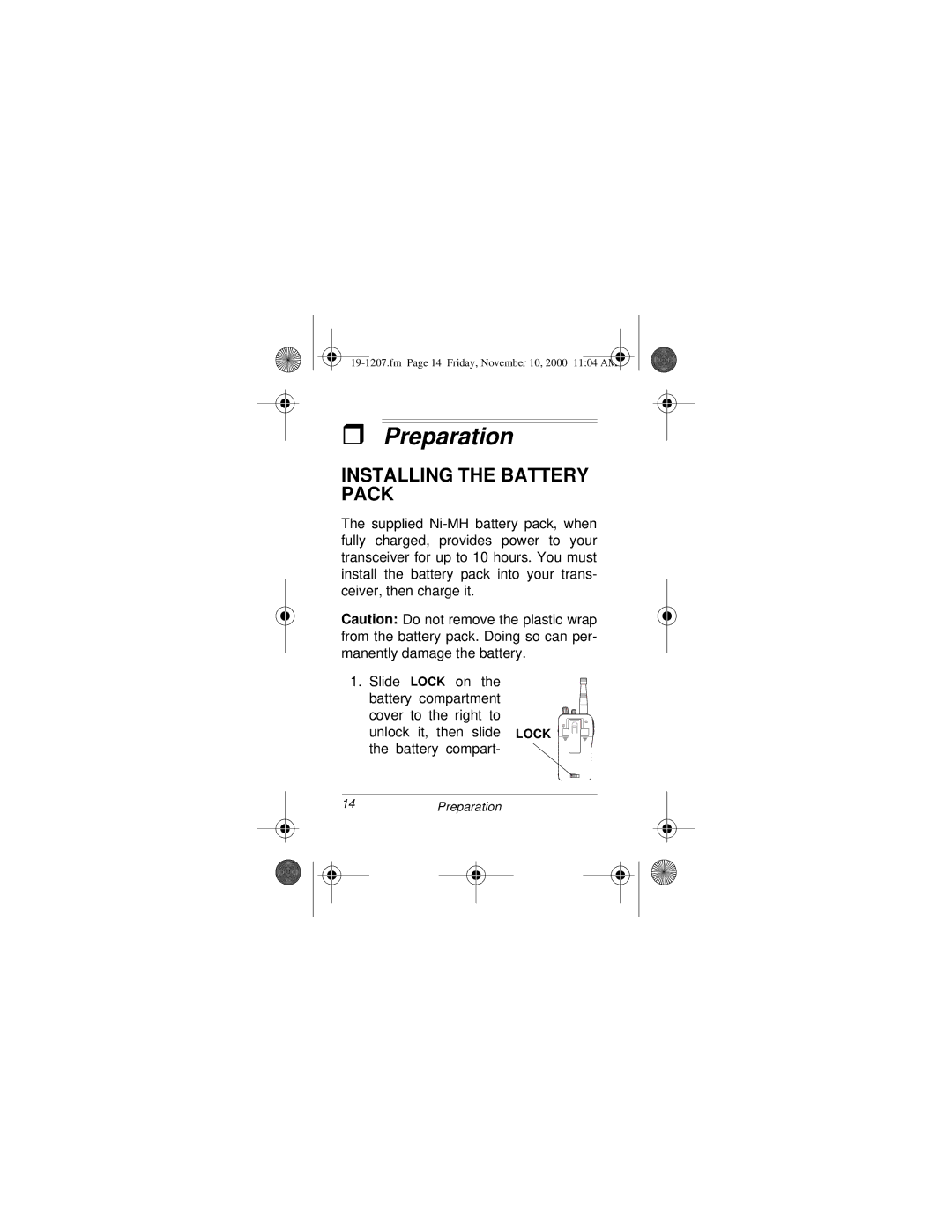 Radio Shack BTX-128 owner manual Preparation, Installing the Battery Pack 