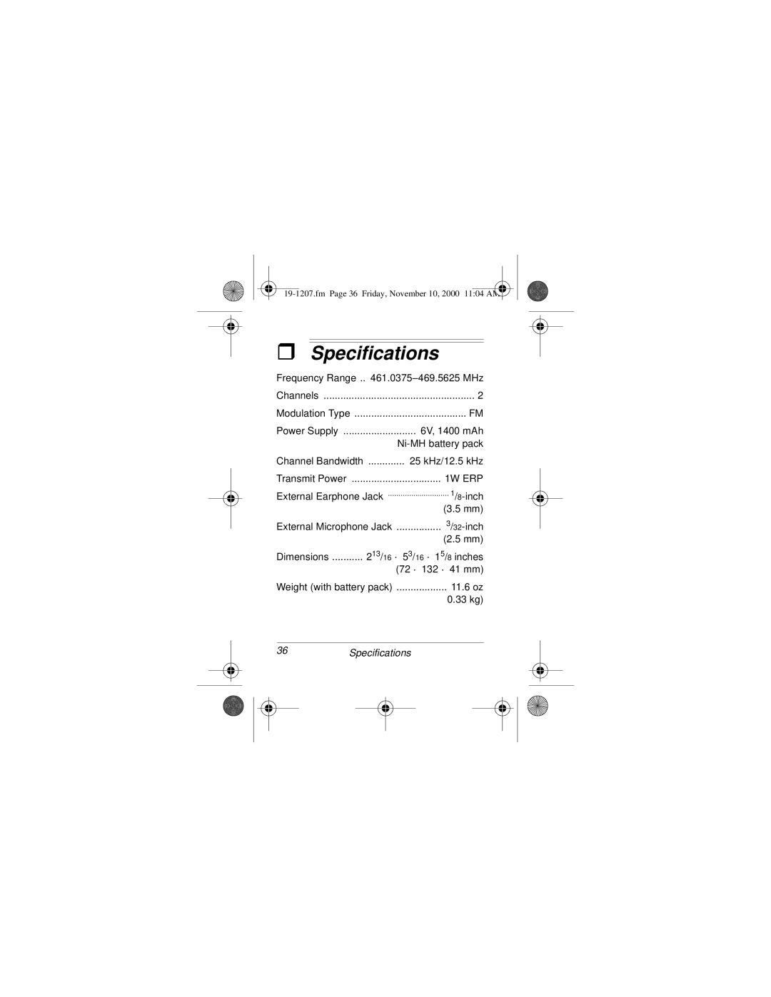 Radio Shack BTX-128 owner manual Specifications, 1W ERP 