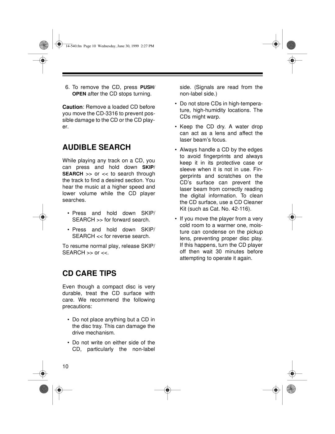 Radio Shack CD-3316 owner manual Audible Search, CD Care Tips 