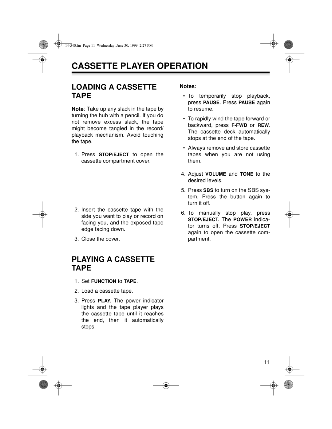 Radio Shack CD-3316 owner manual Cassette Player Operation, Loading a Cassette Tape, Playing a Cassette Tape 