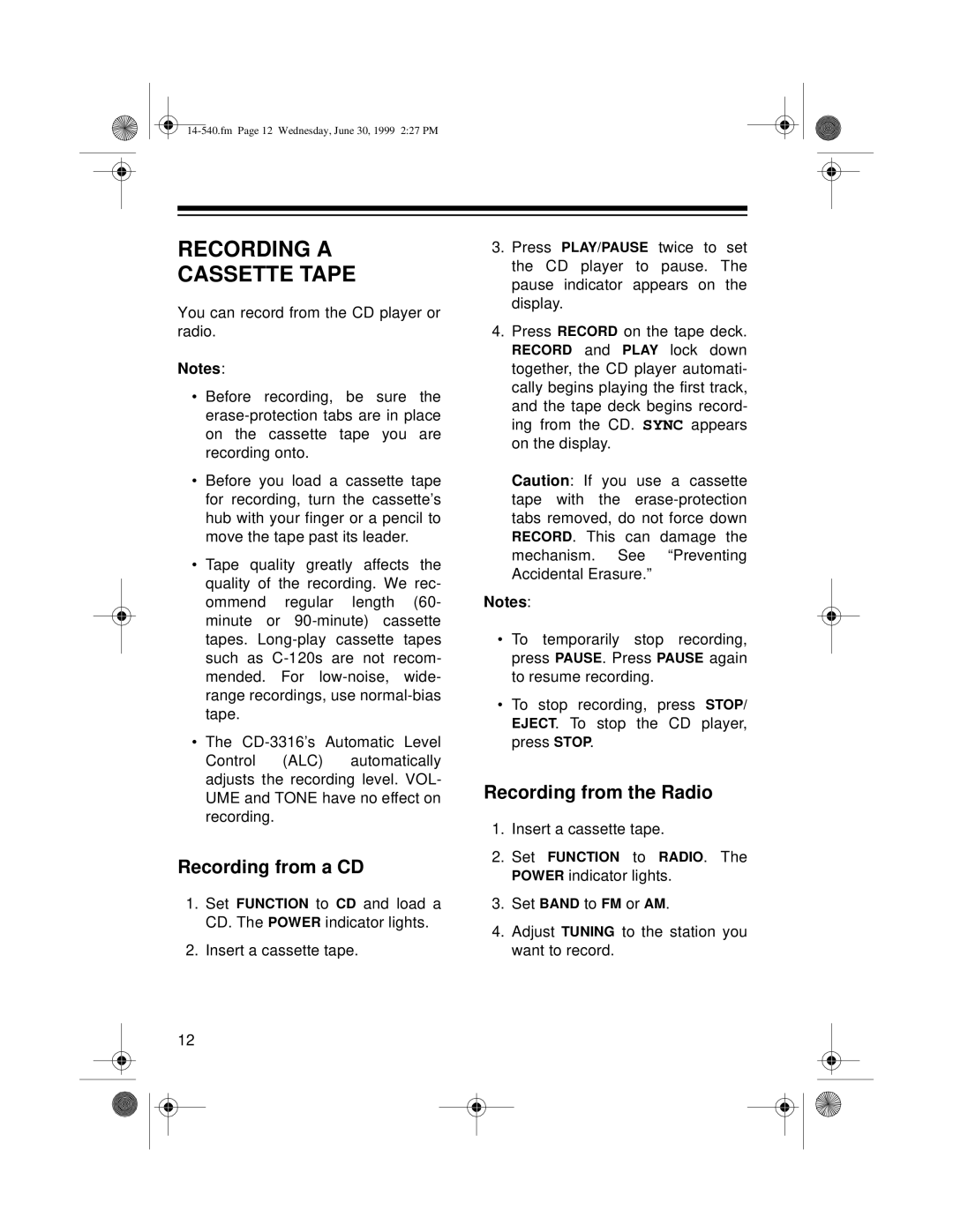 Radio Shack CD-3316 owner manual Recording a Cassette Tape, Recording from a CD 