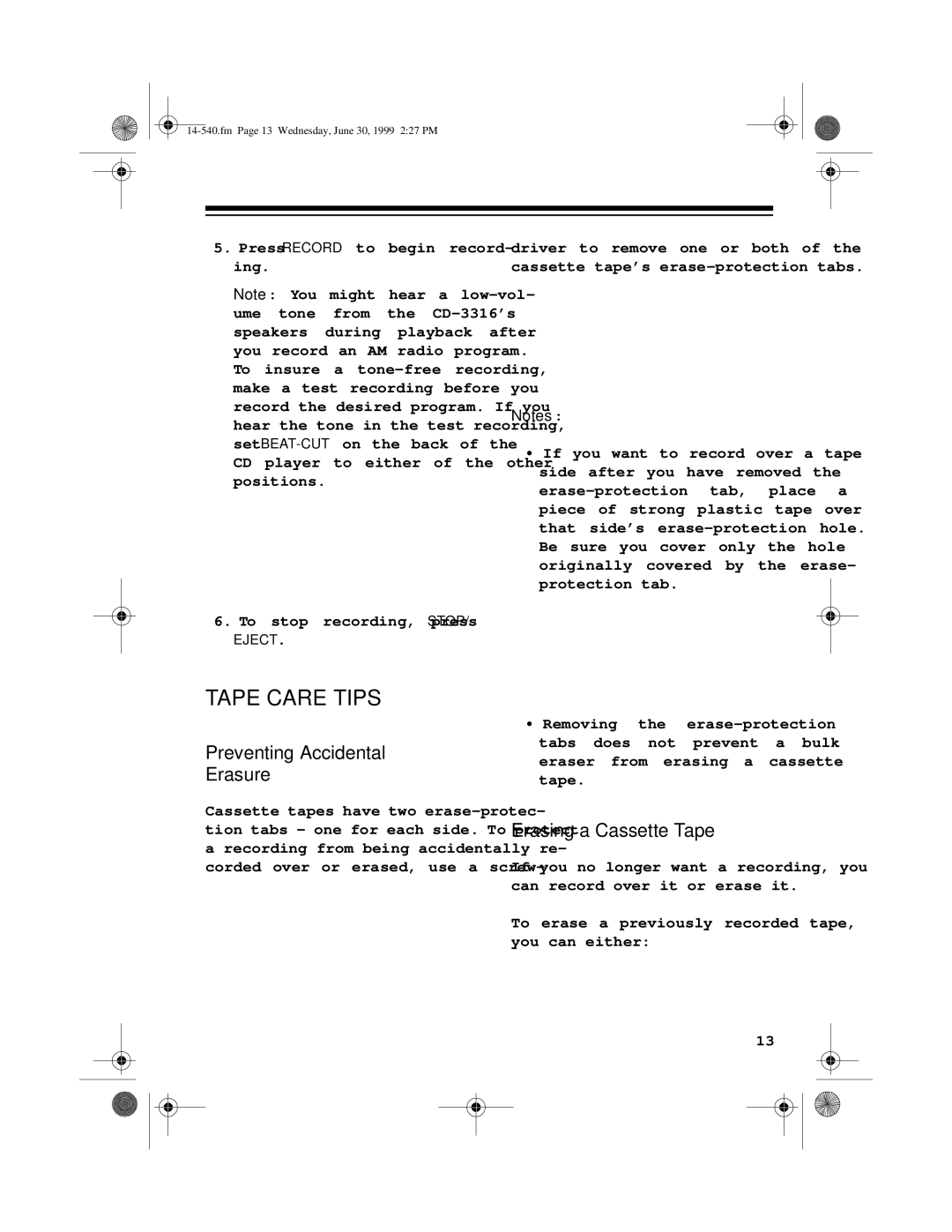 Radio Shack CD-3316 owner manual Tape Care Tips, Preventing Accidental Erasure 