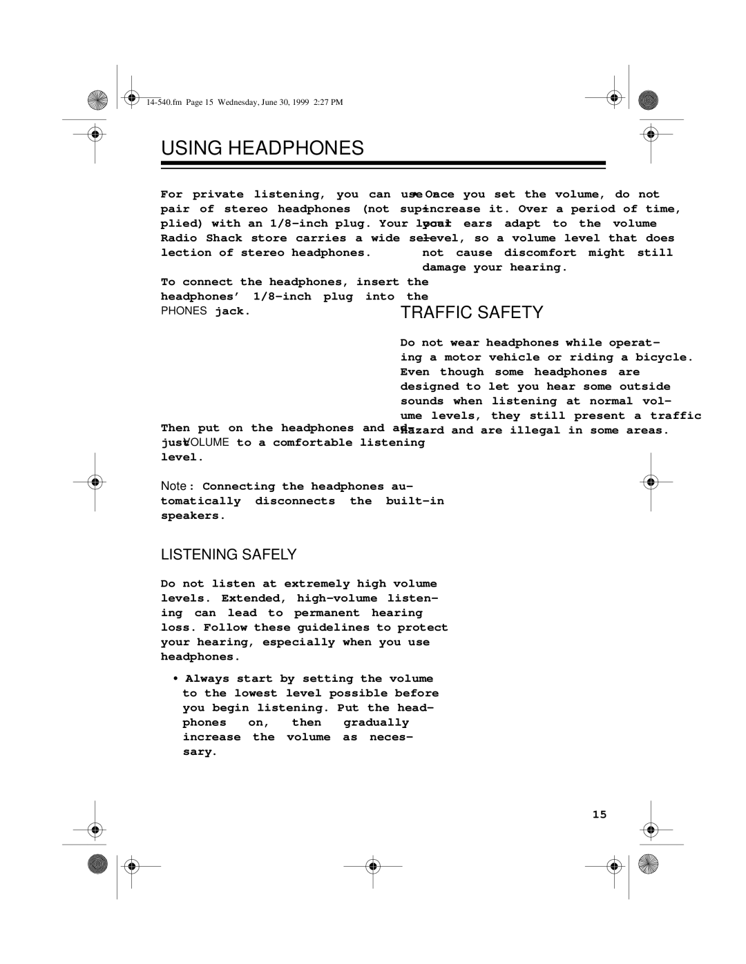 Radio Shack CD-3316 owner manual Using Headphones, Traffic Safety 