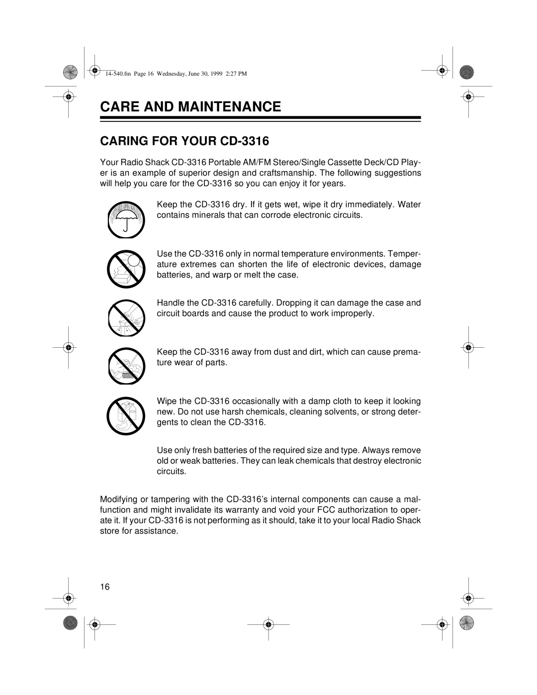 Radio Shack owner manual Care and Maintenance, Caring for Your CD-3316 