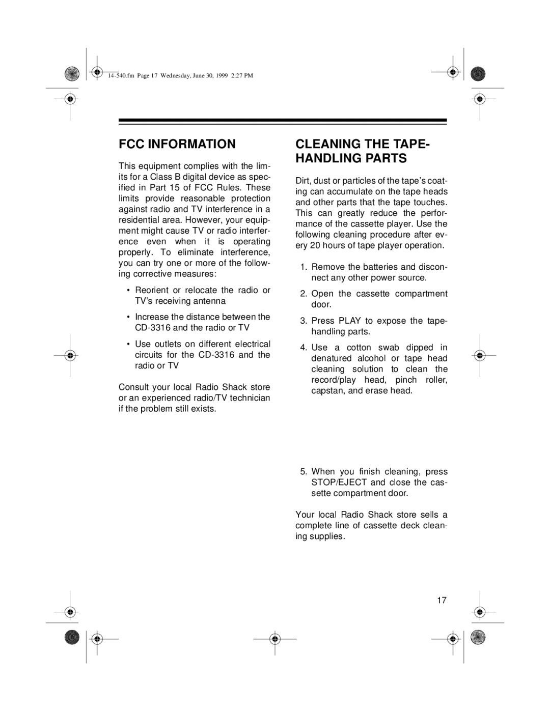 Radio Shack CD-3316 owner manual FCC Information, Cleaning the TAPE- Handling Parts 