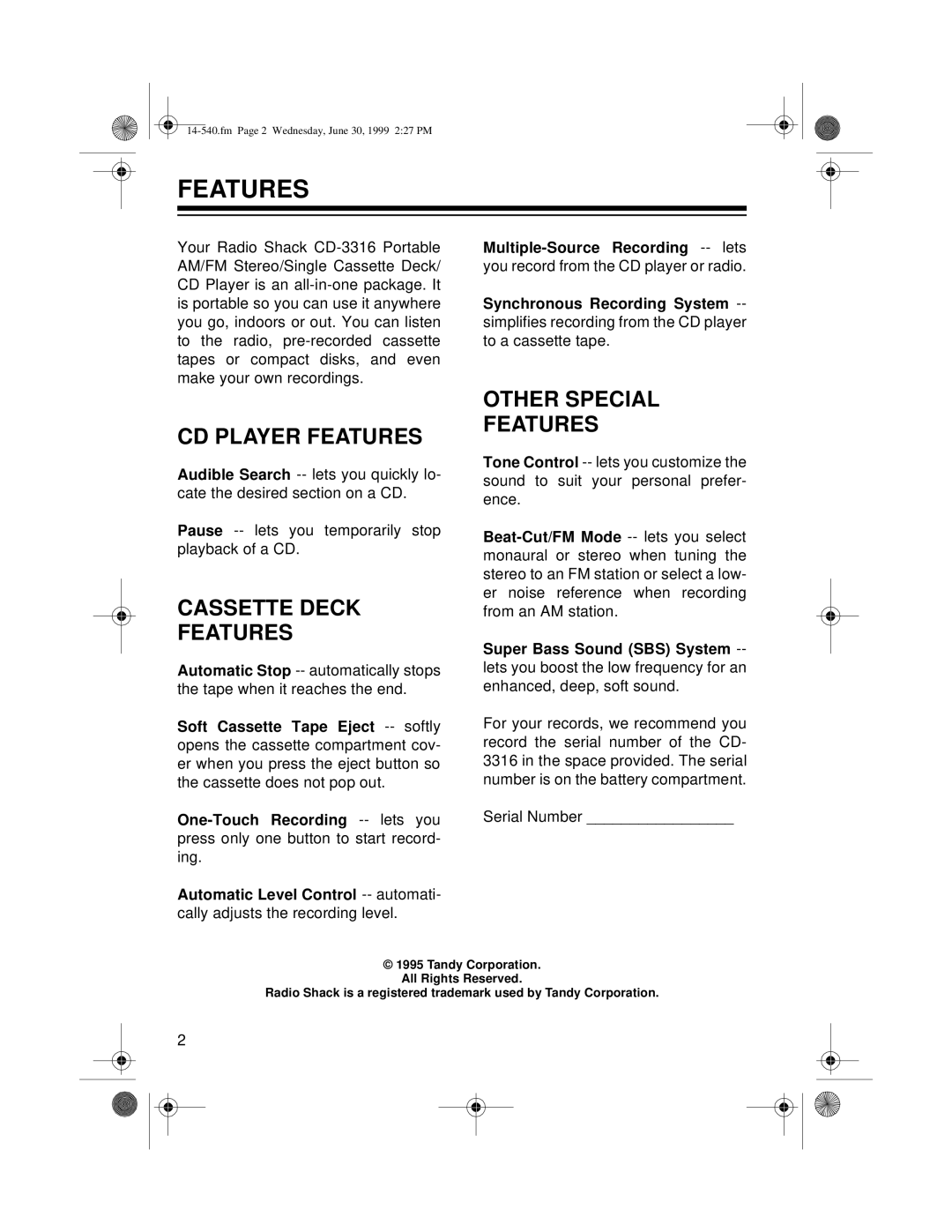 Radio Shack CD-3316 owner manual CD Player Features, Cassette Deck Features, Other Special Features 