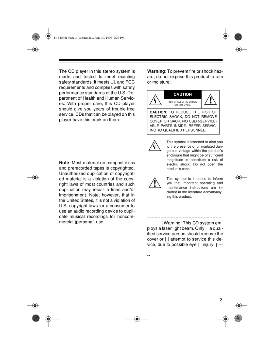 Radio Shack CD-3316 owner manual Fm Page 3 Wednesday, June 30, 1999 227 PM 