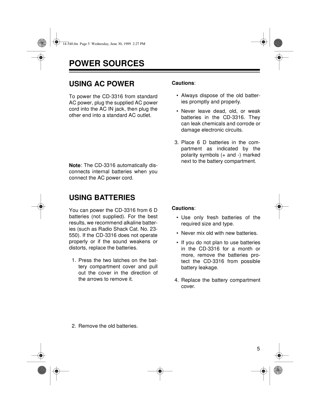 Radio Shack CD-3316 owner manual Power Sources, Using AC Power, Using Batteries 