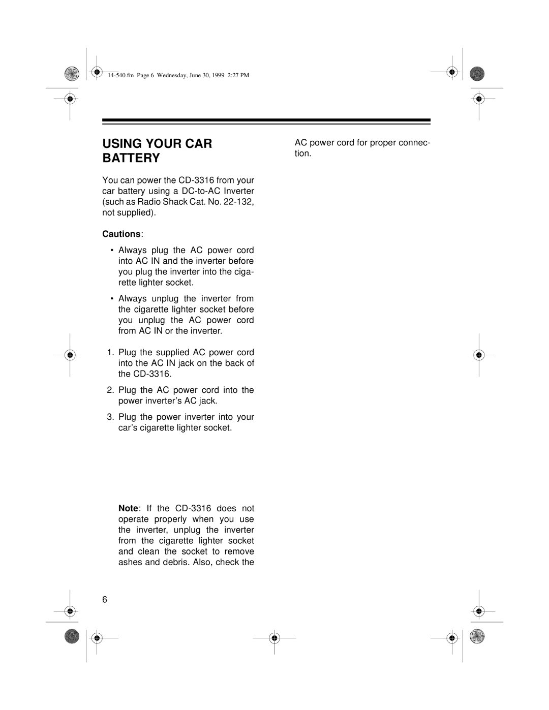 Radio Shack CD-3316 owner manual Using Your CAR Battery 