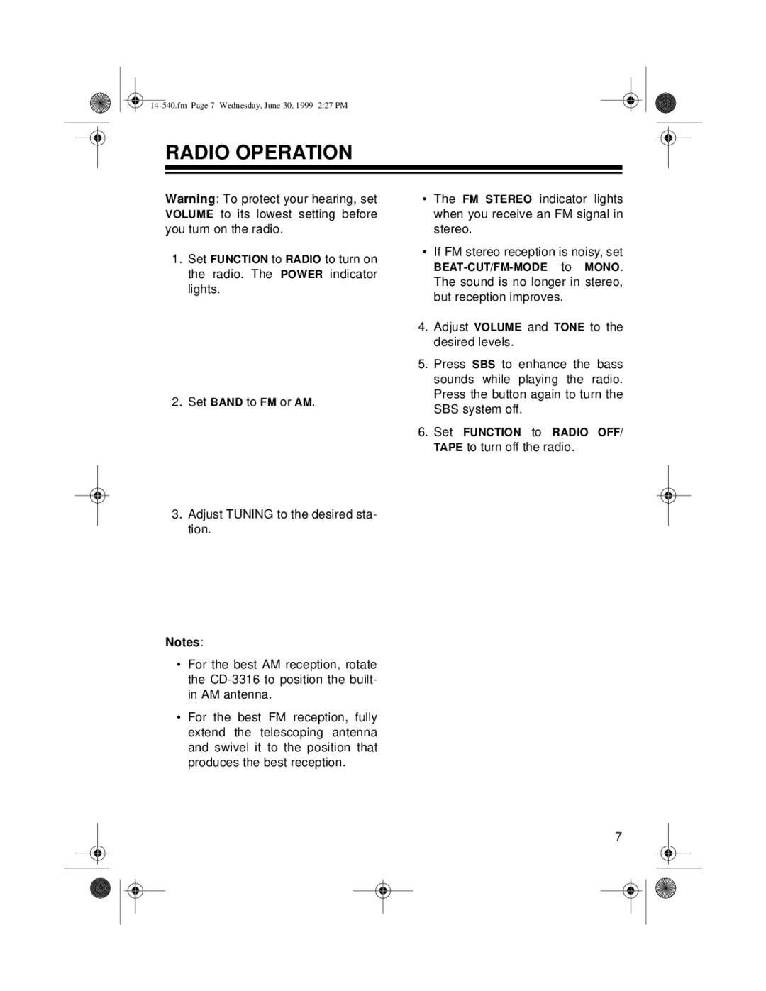 Radio Shack CD-3316 owner manual Radio Operation 